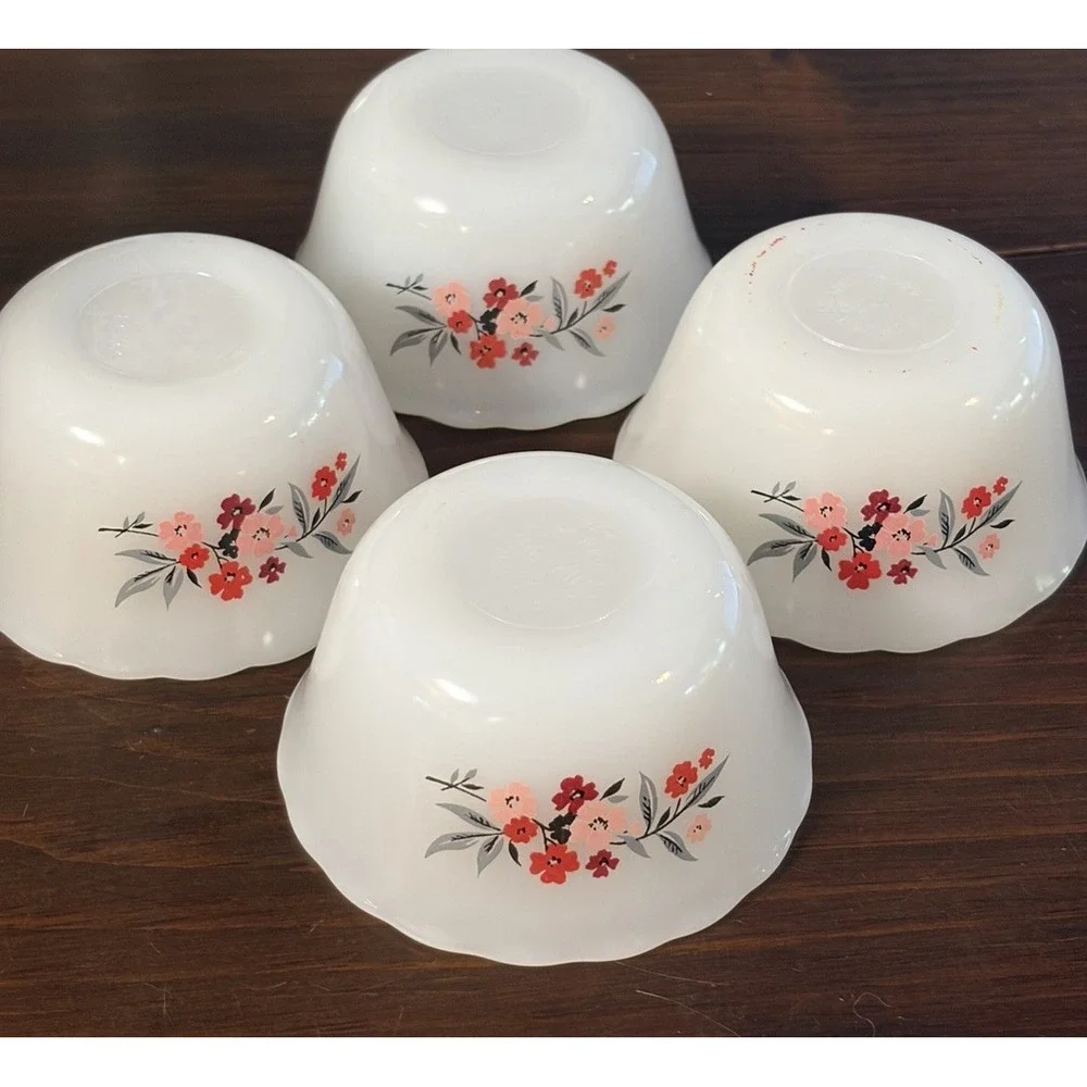 Vintage Fire King Primrose Custard Bowls Set of 4 Milk Glass Floral 1960s